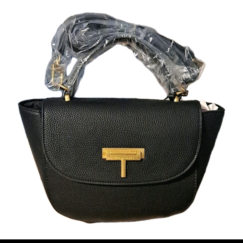 Tahari Black Pebbled Leather Shoulder Bag with Gold Hardware